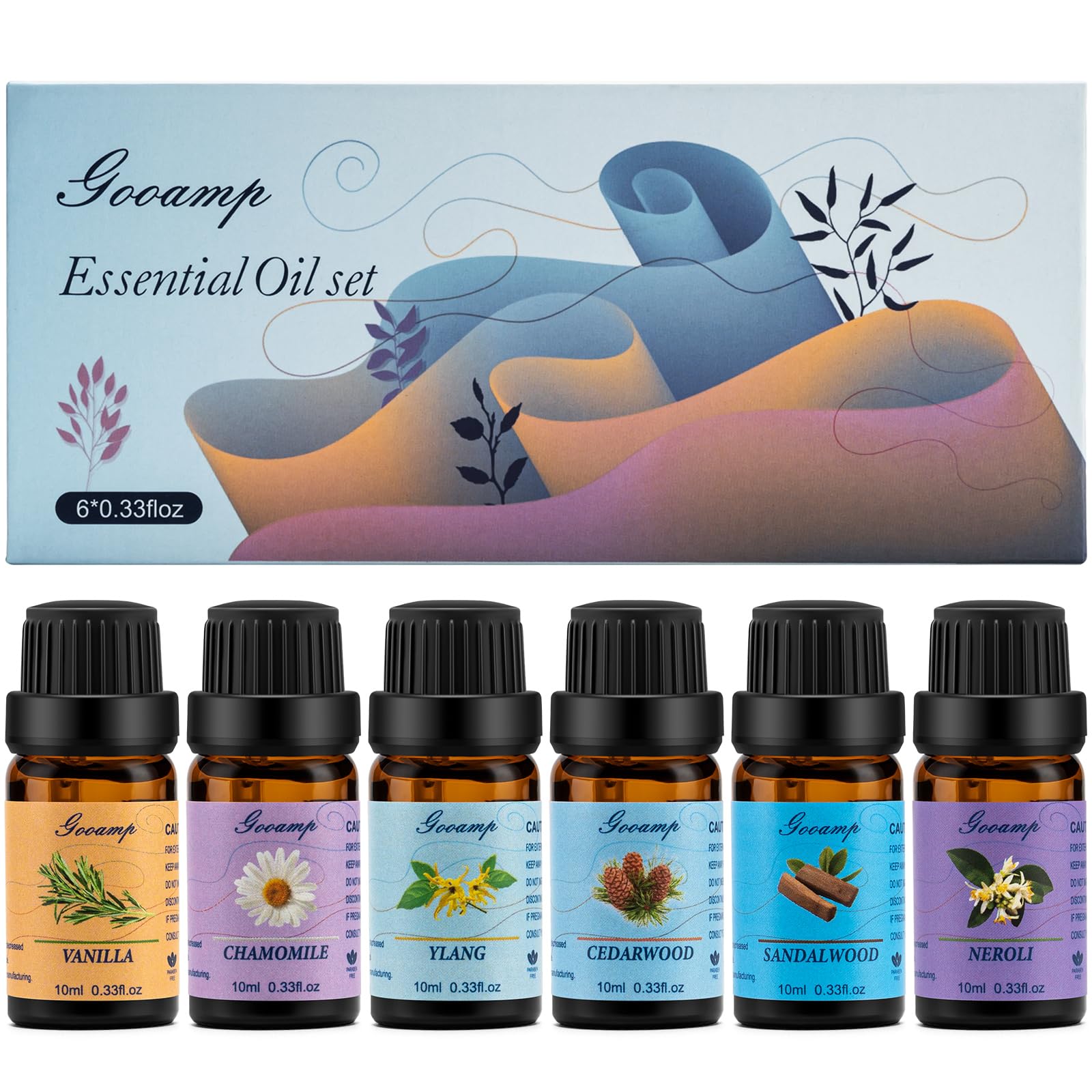 Front view of Essential Oils Set Top 6 bottles in dark glass with Vanilla, Neroli, Chamomile, Sandalwood, Ylang, and Cedarwood