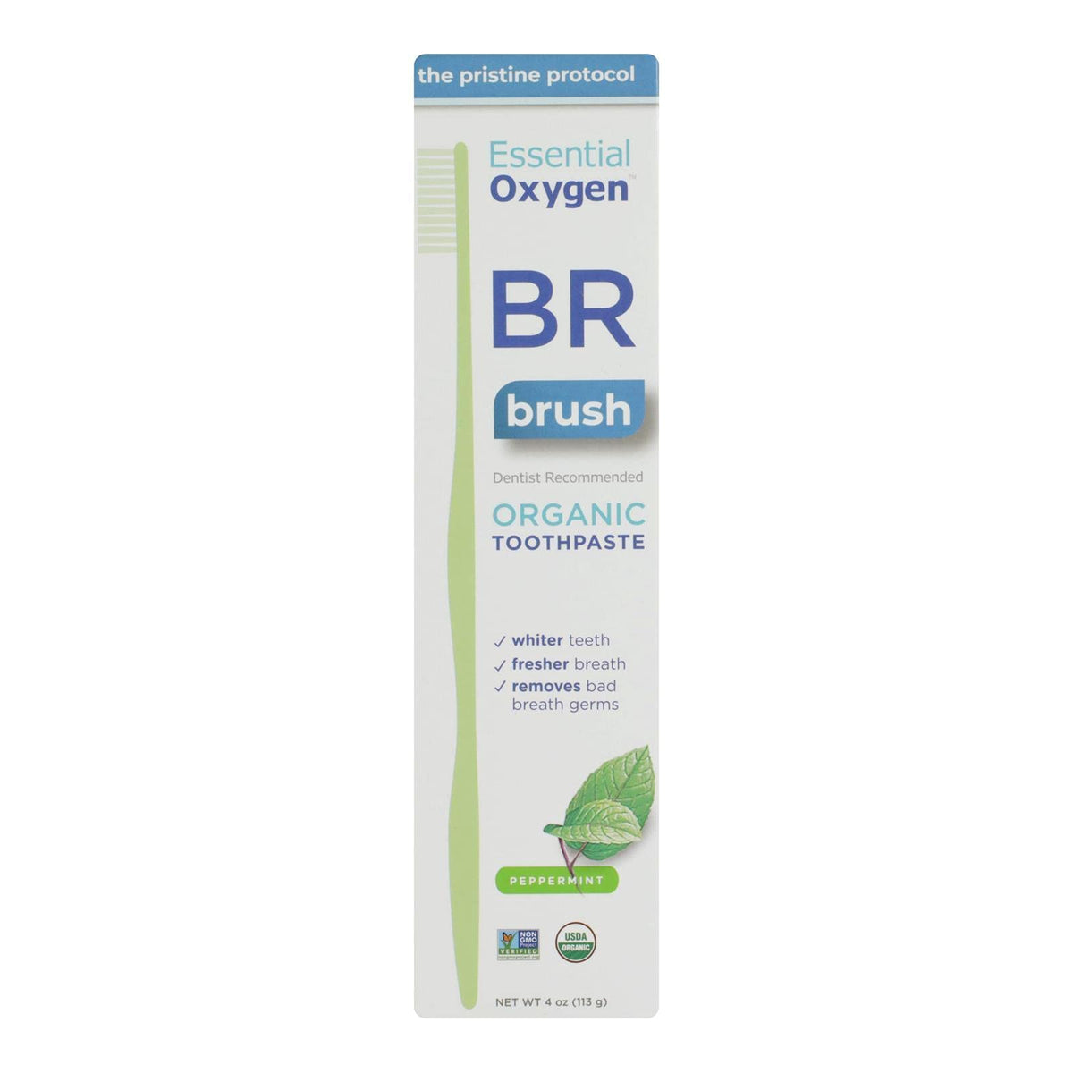 Essential Oxygen BR Organic Toothpaste Peppermint 4 oz – front label