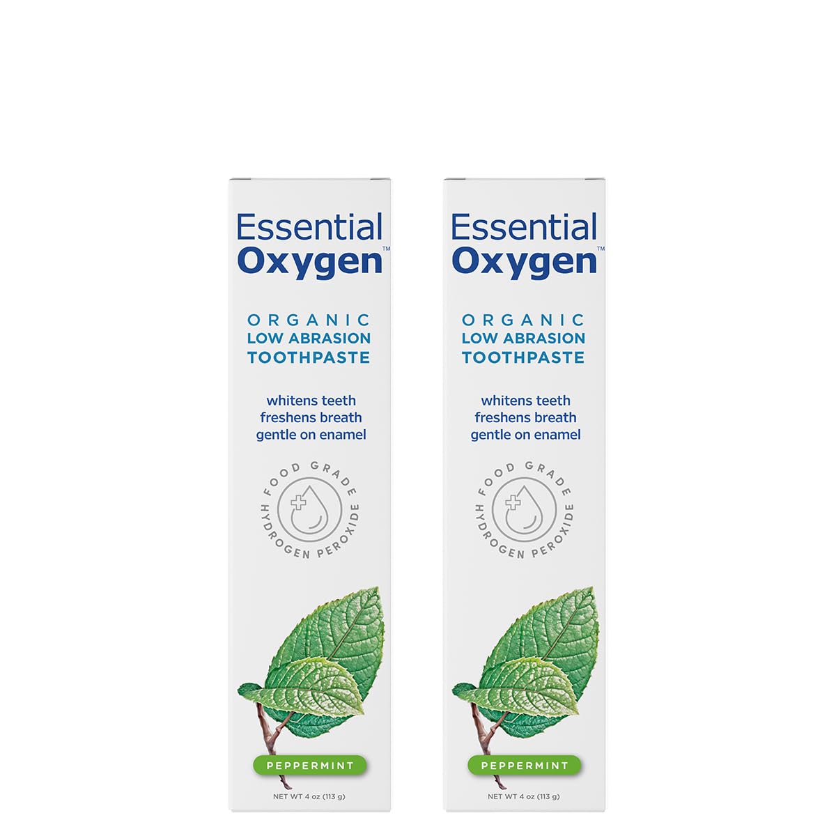 Two 4-ounce tubes of Essential Oxygen Organic Toothpaste in peppermint flavor