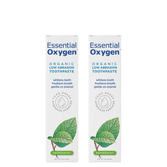 Two 4-ounce tubes of Essential Oxygen Organic Toothpaste in peppermint flavor