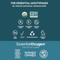 Ingredients and organic essential oils in Essential Oxygen Brushing Rinse