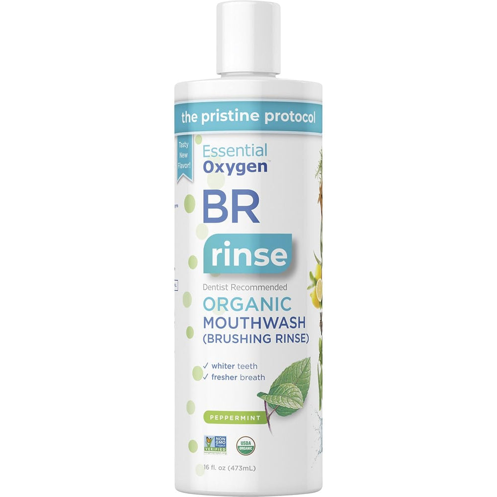 Front view of Essential Oxygen Brushing Rinse OG2 Peppermint 16 oz bottle