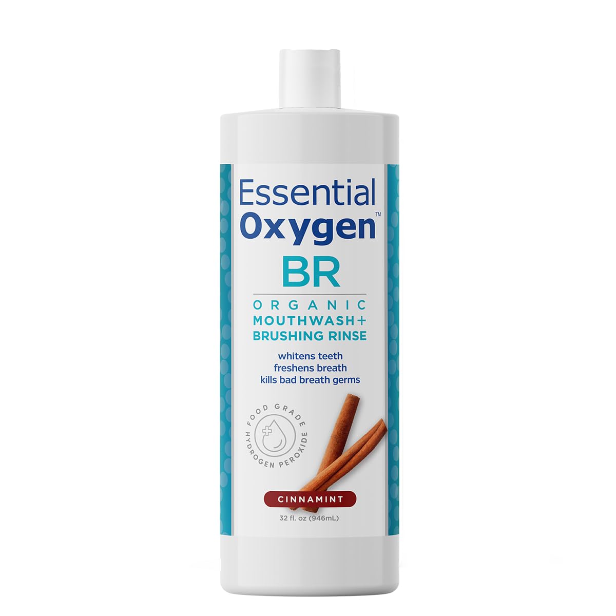 Front view of Essential Oxygen Cinnamint Mouthwash 32 oz bottle
