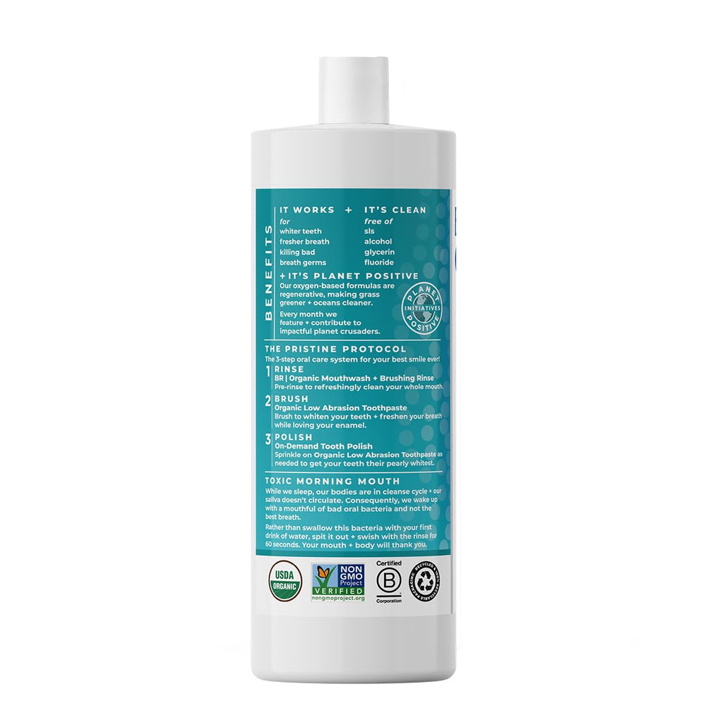 Mouthwash bottle suggesting fresh breath and clean teeth