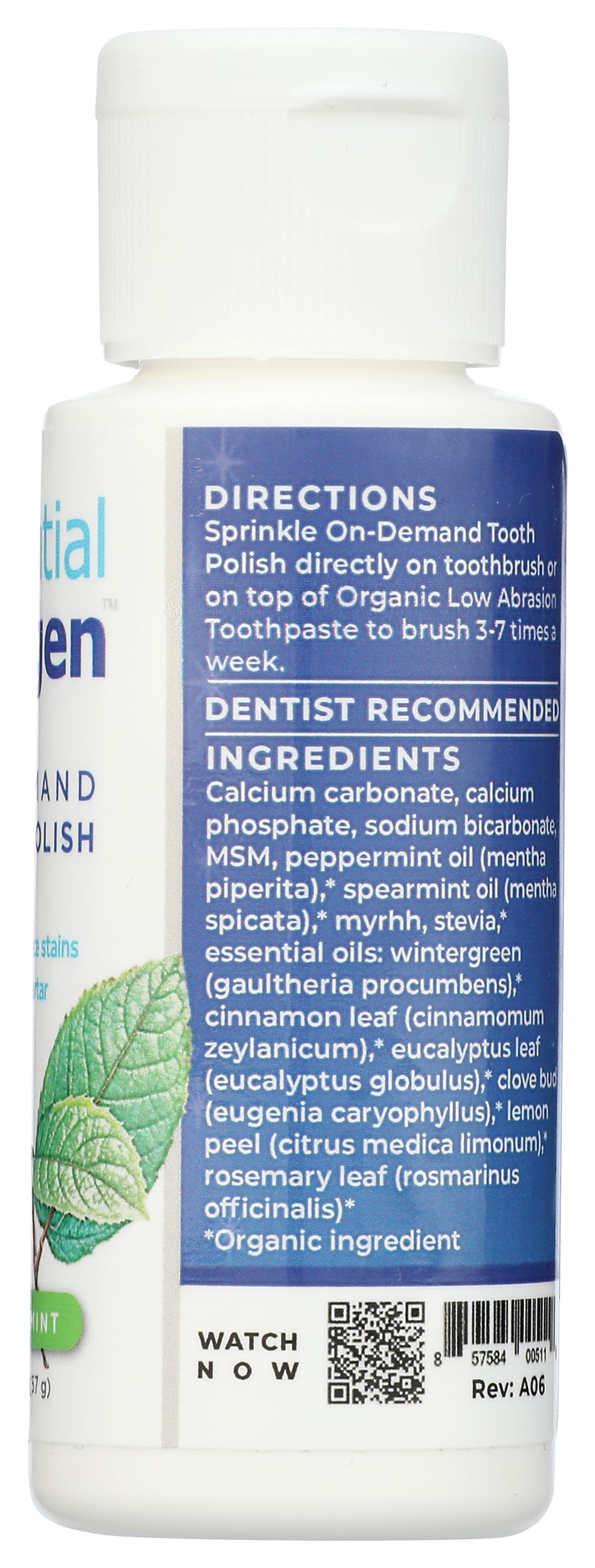 Label details of ESSENTIAL OXYGEN Organic Mint Tooth Polish