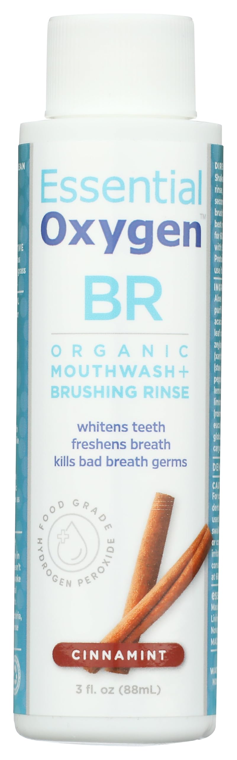 Essential Oxygen Organic Mouthwash Cinnamon Brushing Rinse 3 oz bottle front view