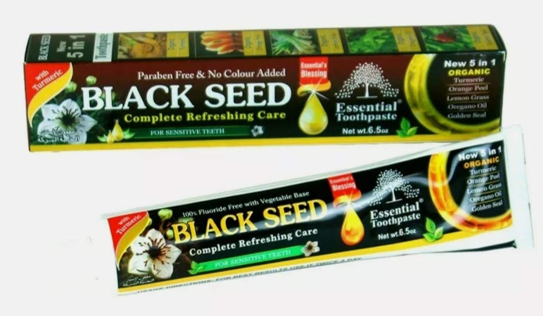 Box of Essential Palace Organic Black Seed Toothpaste 3-pack, 6.5oz tubes, fluoride-free
