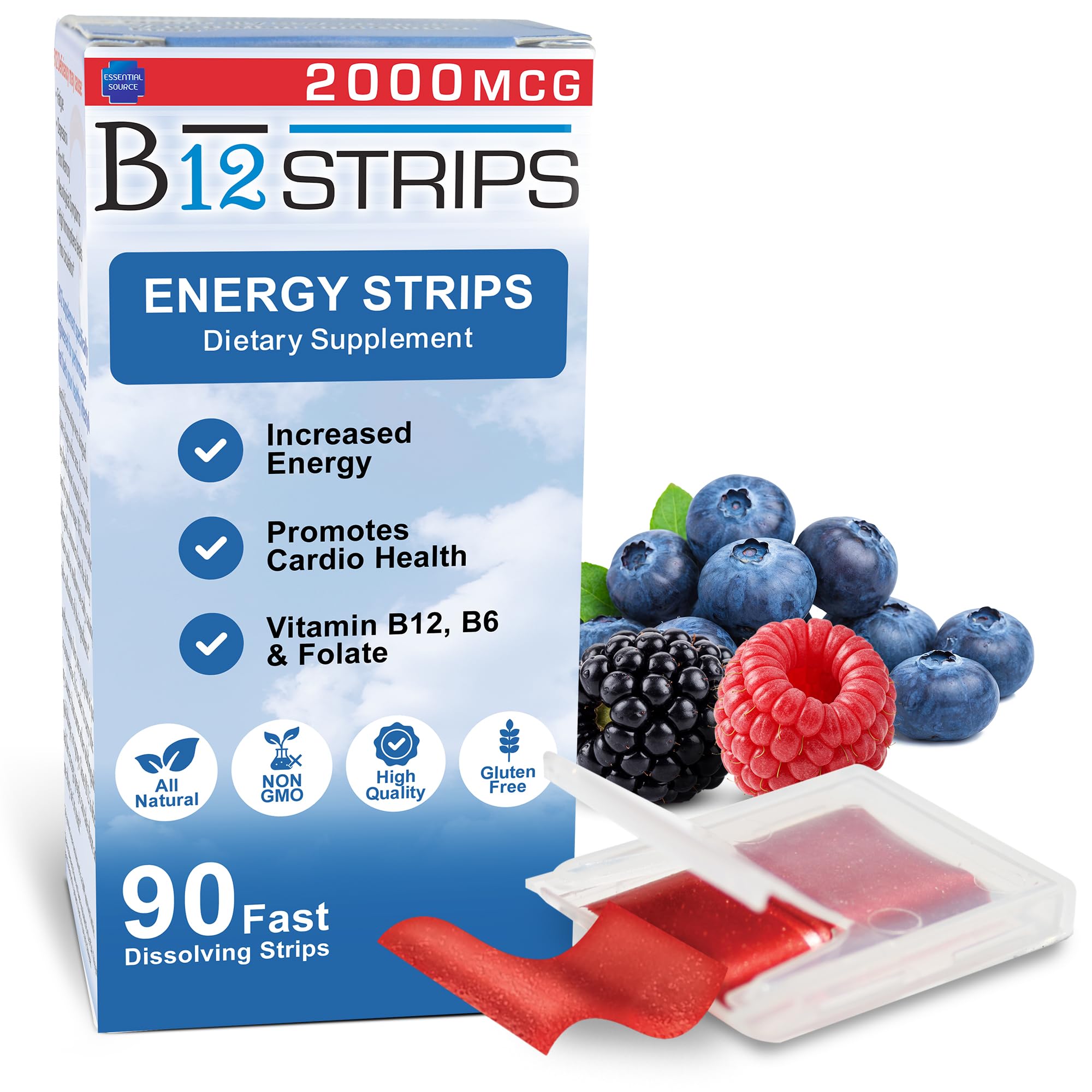 Packaging for Essential Source 2,000 mcg methylcobalamin B12 sublingual energy strips