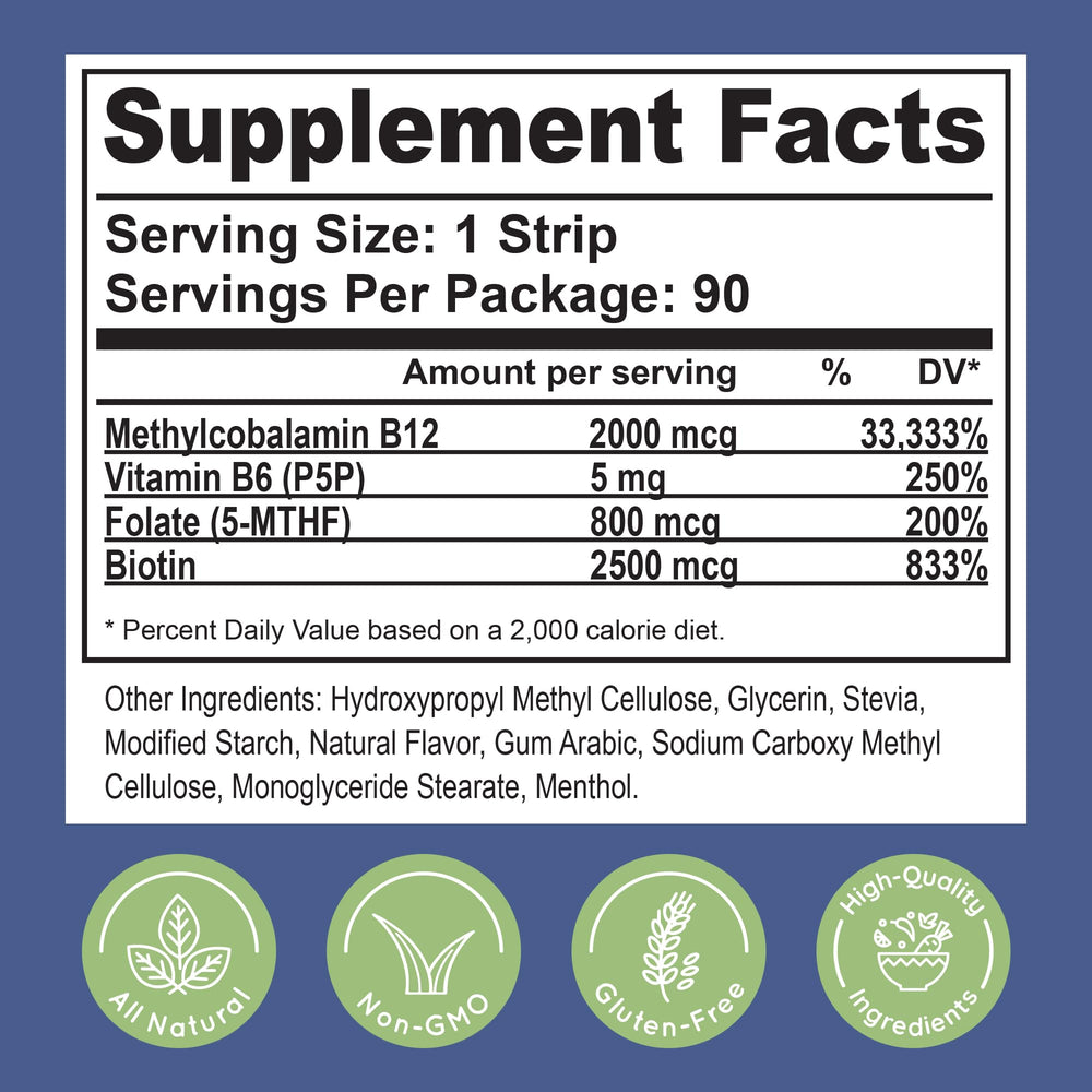 Essential Source sublingual B12 strip promoting nerve function and circulation.