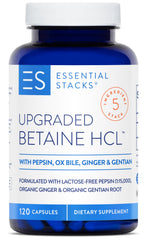 Bottle of Essential Stacks Betaine HCl with Pepsin, Ox Bile & Ginger (120 capsules)