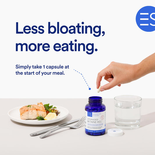 Close-up of Betaine HCl with Pepsin showing high potency and ingredients