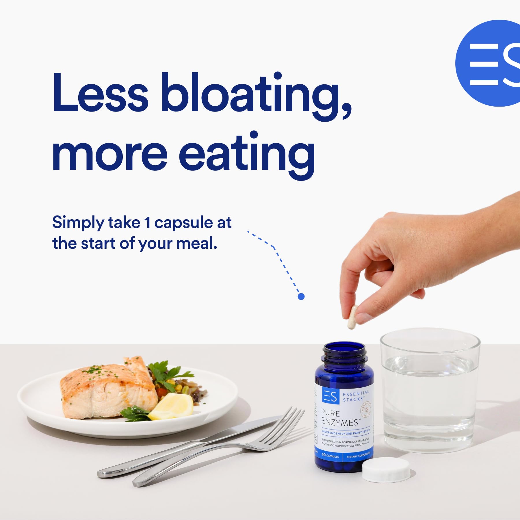 Close-up of Essential Stacks Digestive Enzymes bottle