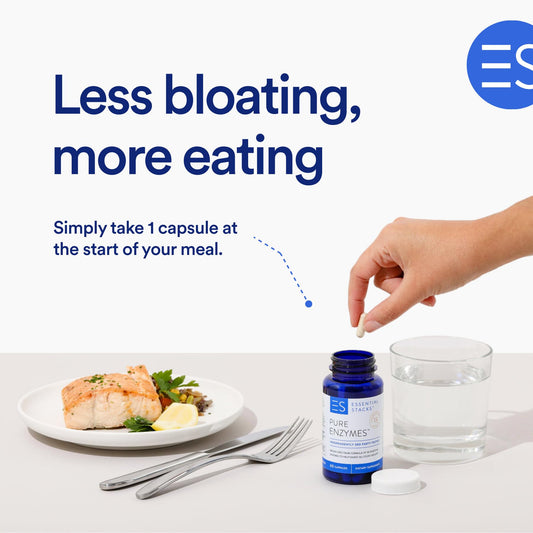 Close-up of Essential Stacks Digestive Enzymes bottle