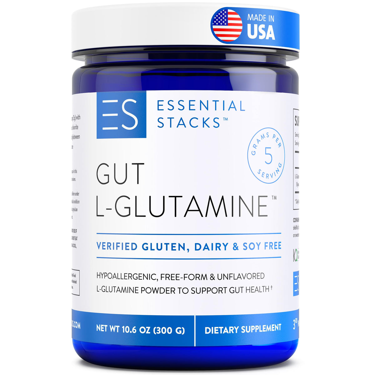 Bottle of Essential Stacks Gut L-Glutamine Powder with label visible