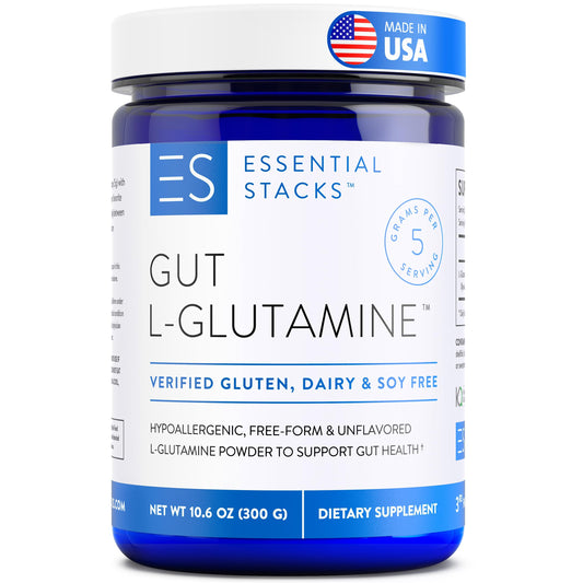 Bottle of Essential Stacks Gut L-Glutamine Powder with label visible