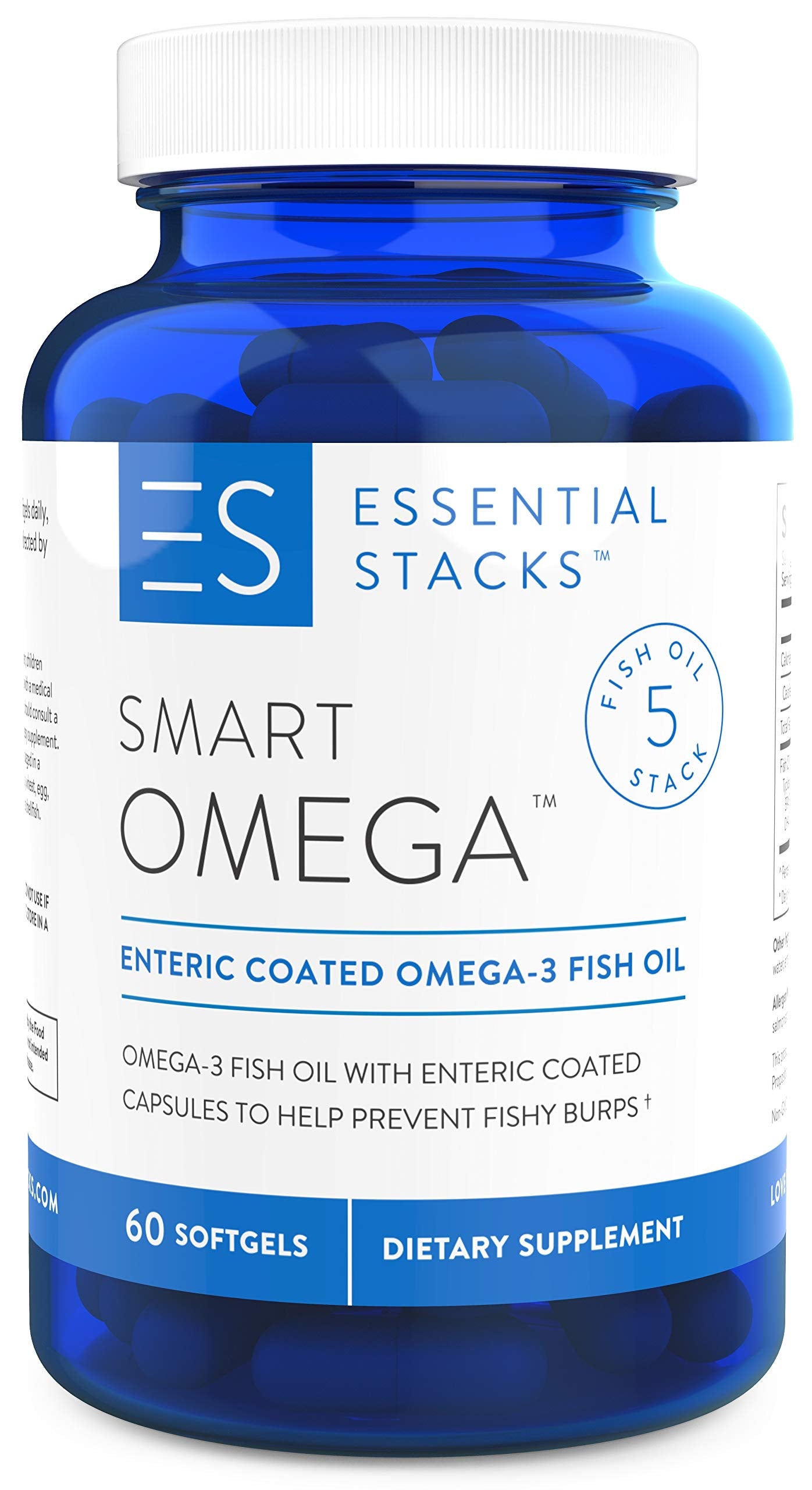 Bottle of Essential Stacks Smart Omega 3 Burpless Enteric Coated 60 capsules