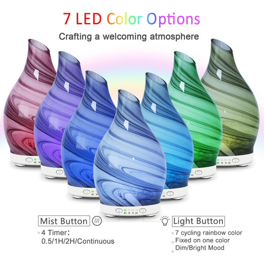 Close-up of glass diffuser showing color-changing LED lights
