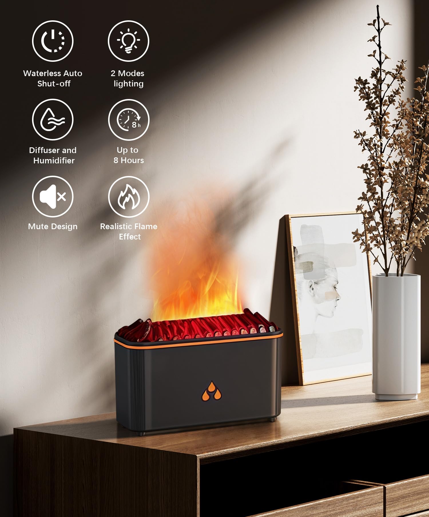 Mist rising from black diffuser in cozy room
