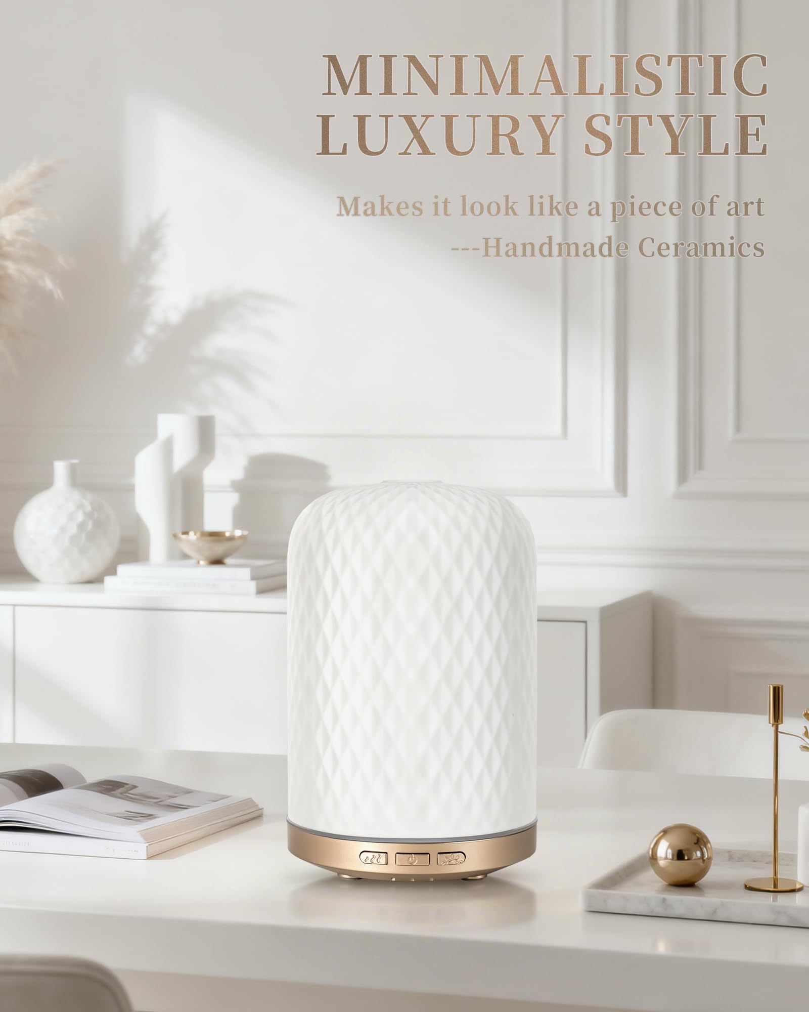 Minimalist white ceramic diffuser in a modern home interior
