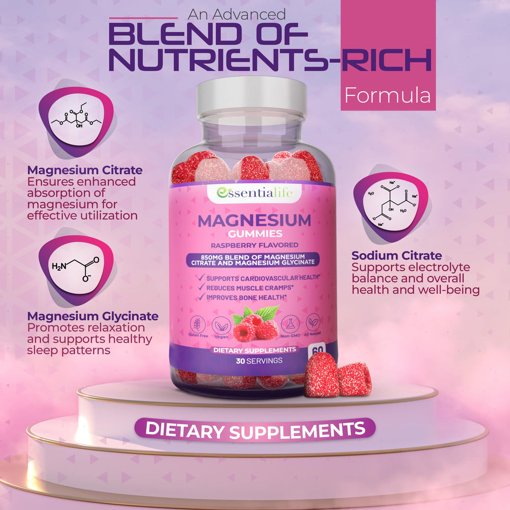 Nutrition panel highlighting 850mg magnesium citrate and magnesium glycinate
