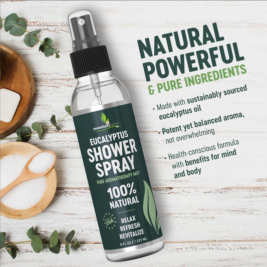 Product label for Eucalyptus Shower Spray 100% Pure Essential Oil