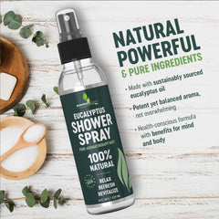 Product label for Eucalyptus Shower Spray 100% Pure Essential Oil