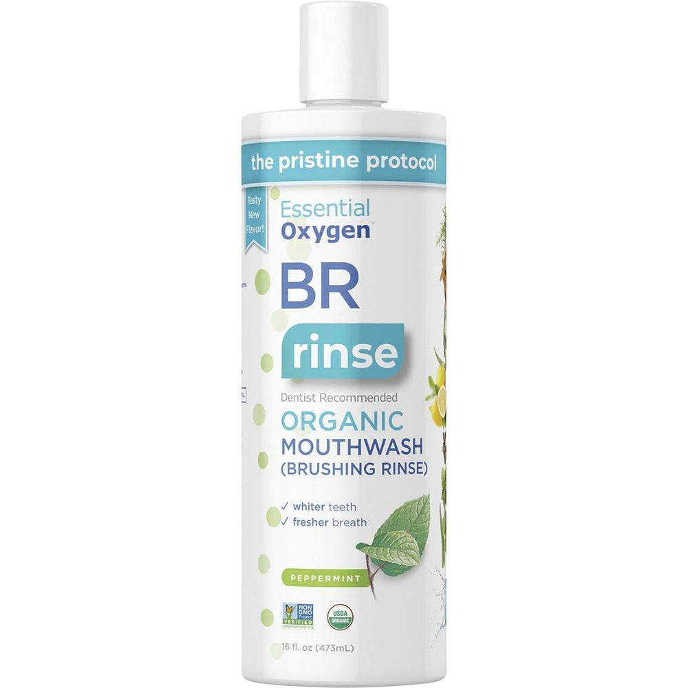 Front view of Essentialoxygen Organic Peppermint Brushing Rinse bottle, 16 Fz