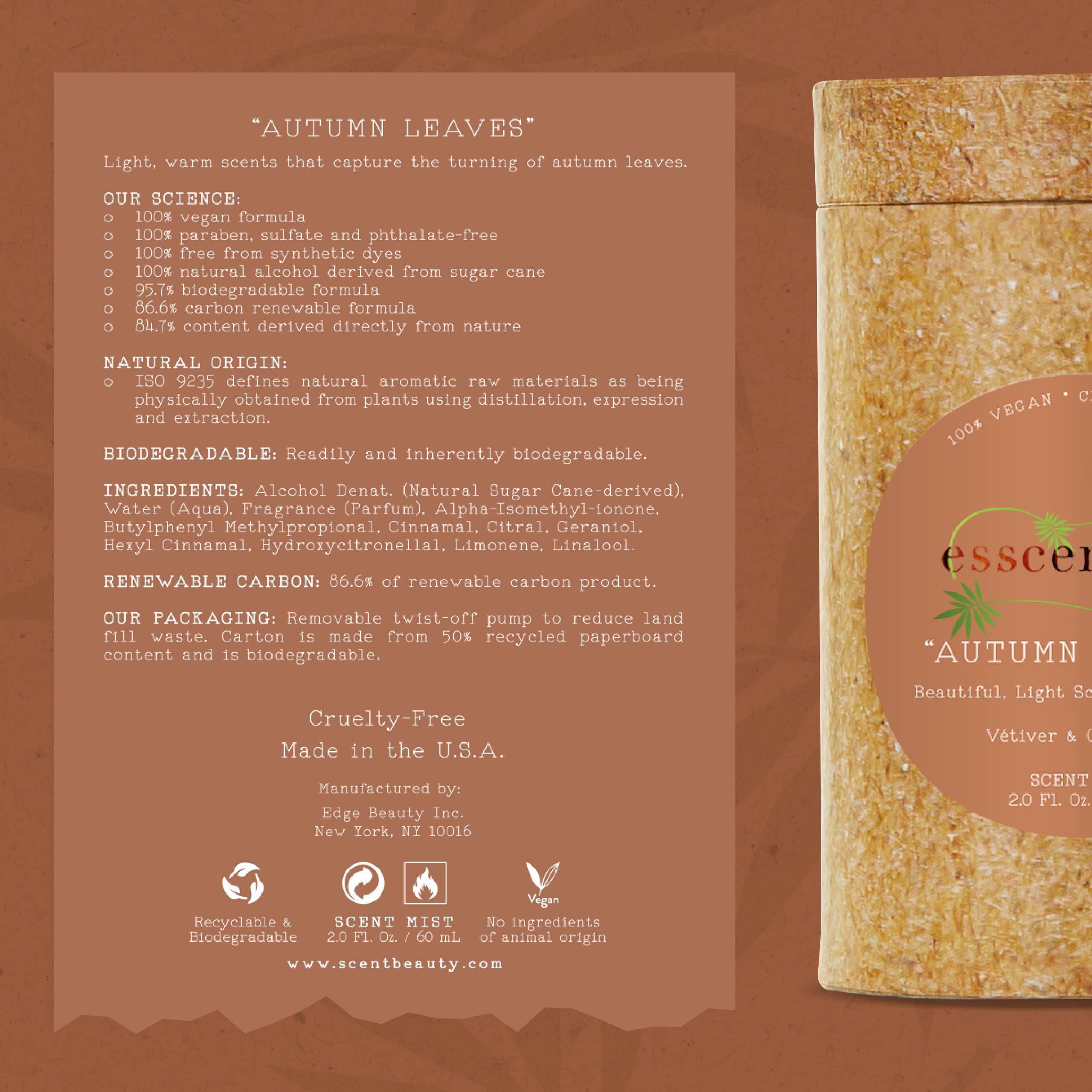 Closeup of cedarwood and vetiver notes in ESSCENTIALS Autumn Leaves mist.