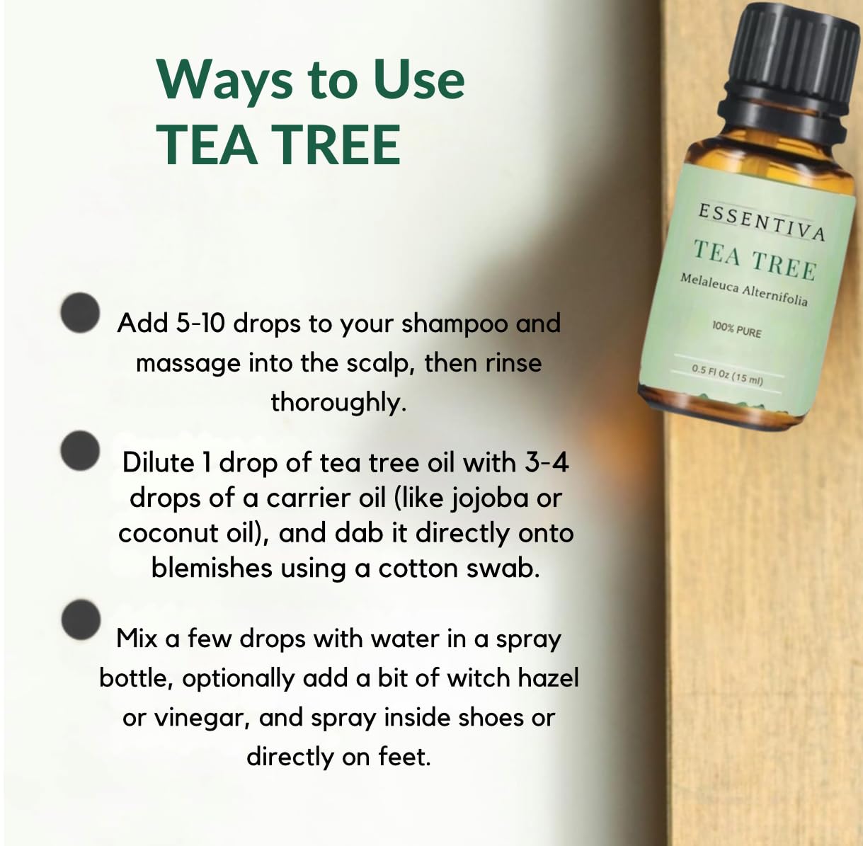 Essentiva Tea Tree Oil diffuser use introduces a subtle, cleansing scent.