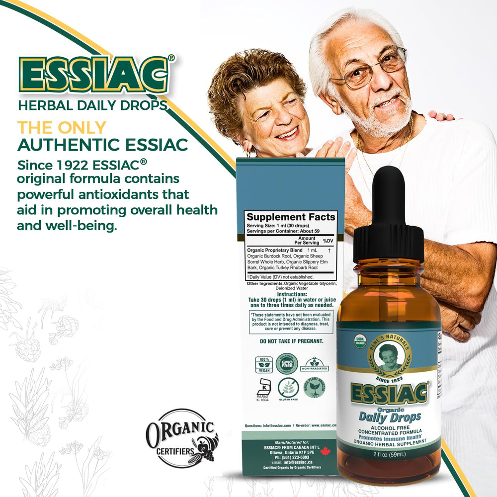 Essiac Daily Drops packaging alongside the bottle