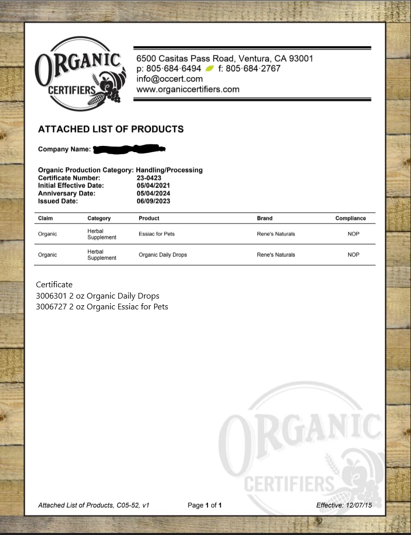 USDA Organic seal on Essiac Daily Drops packaging