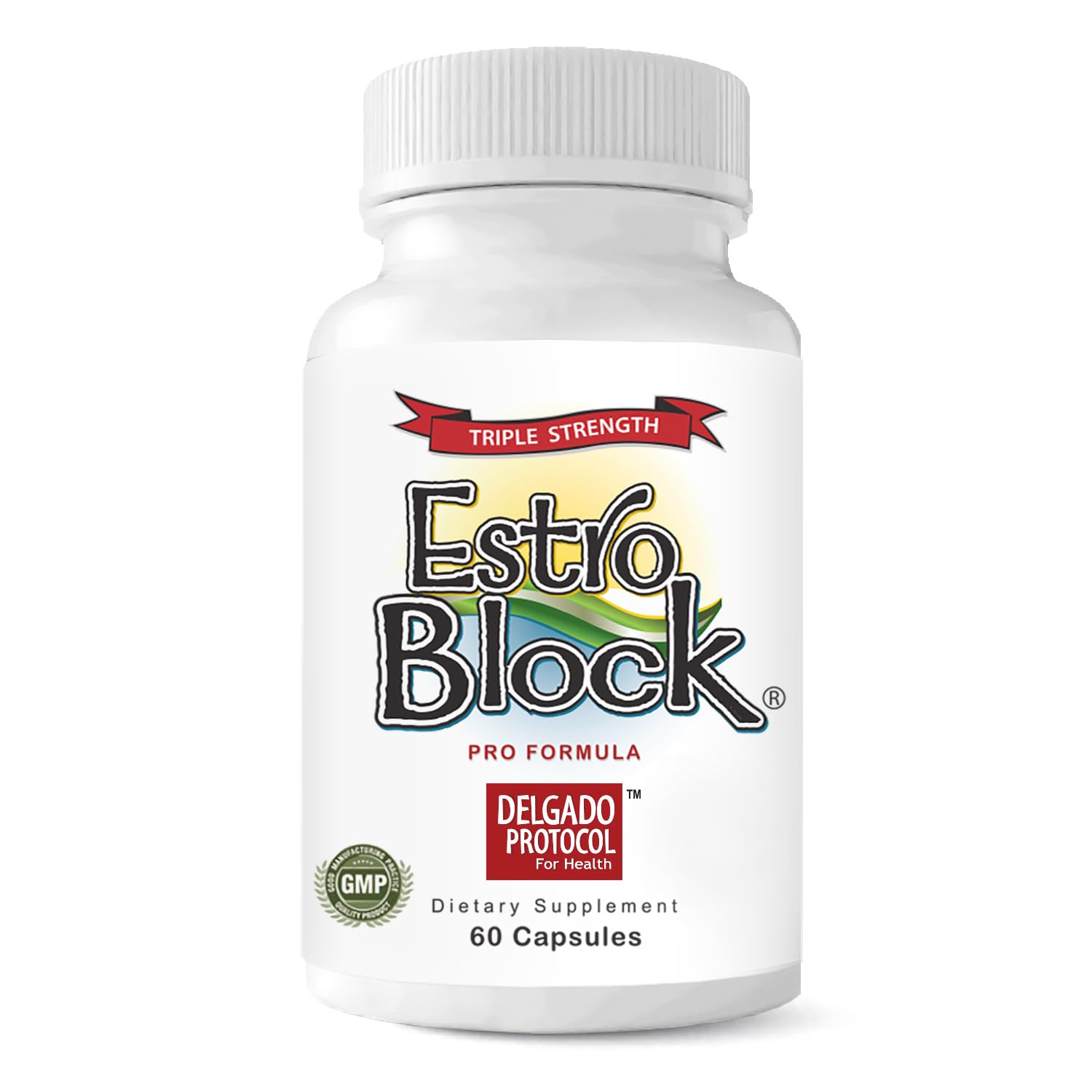 Estroblock PRO bottle front view with label and 60 capsules