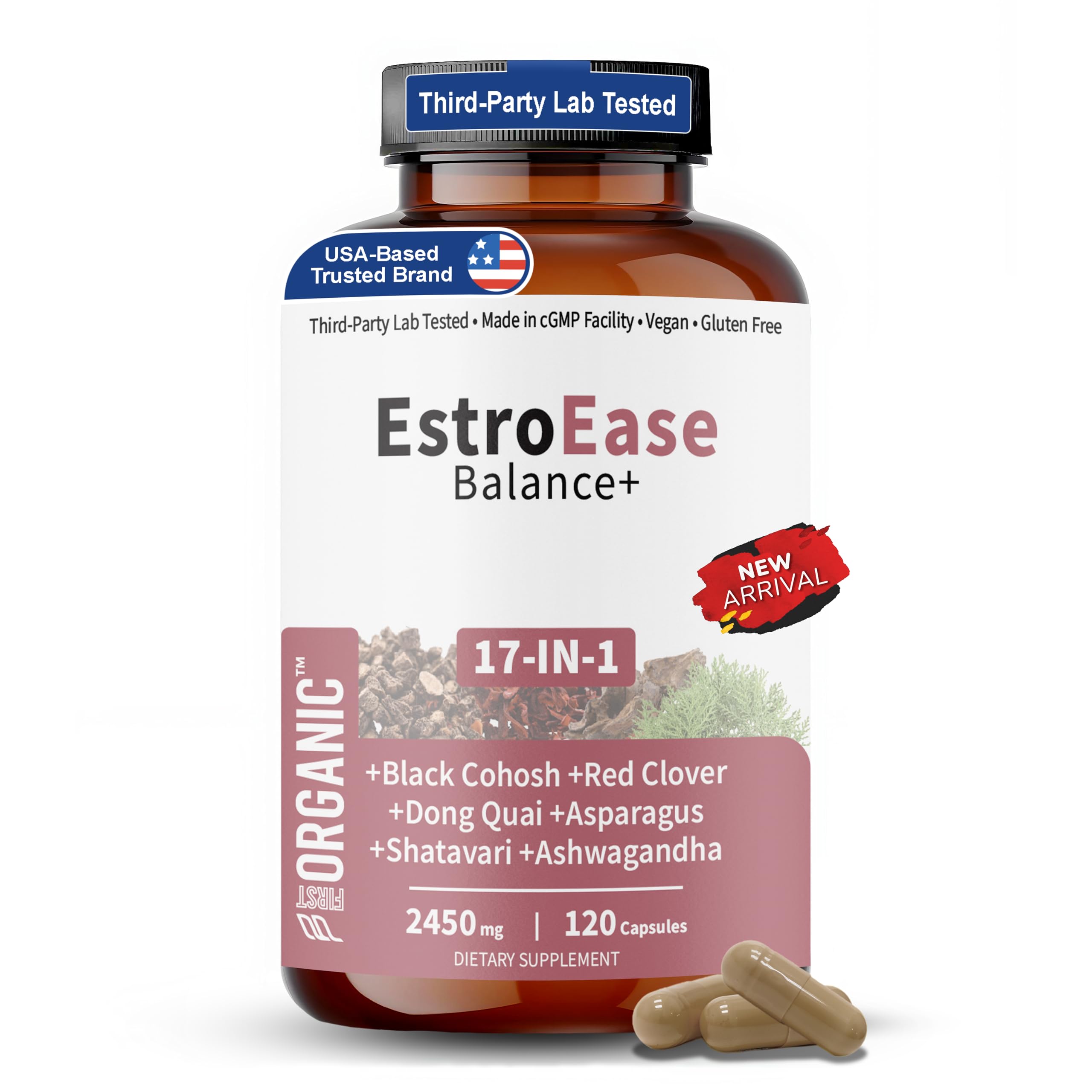 Bottle of FIRSTORGANIC EstroEase Balance+ 120 capsules