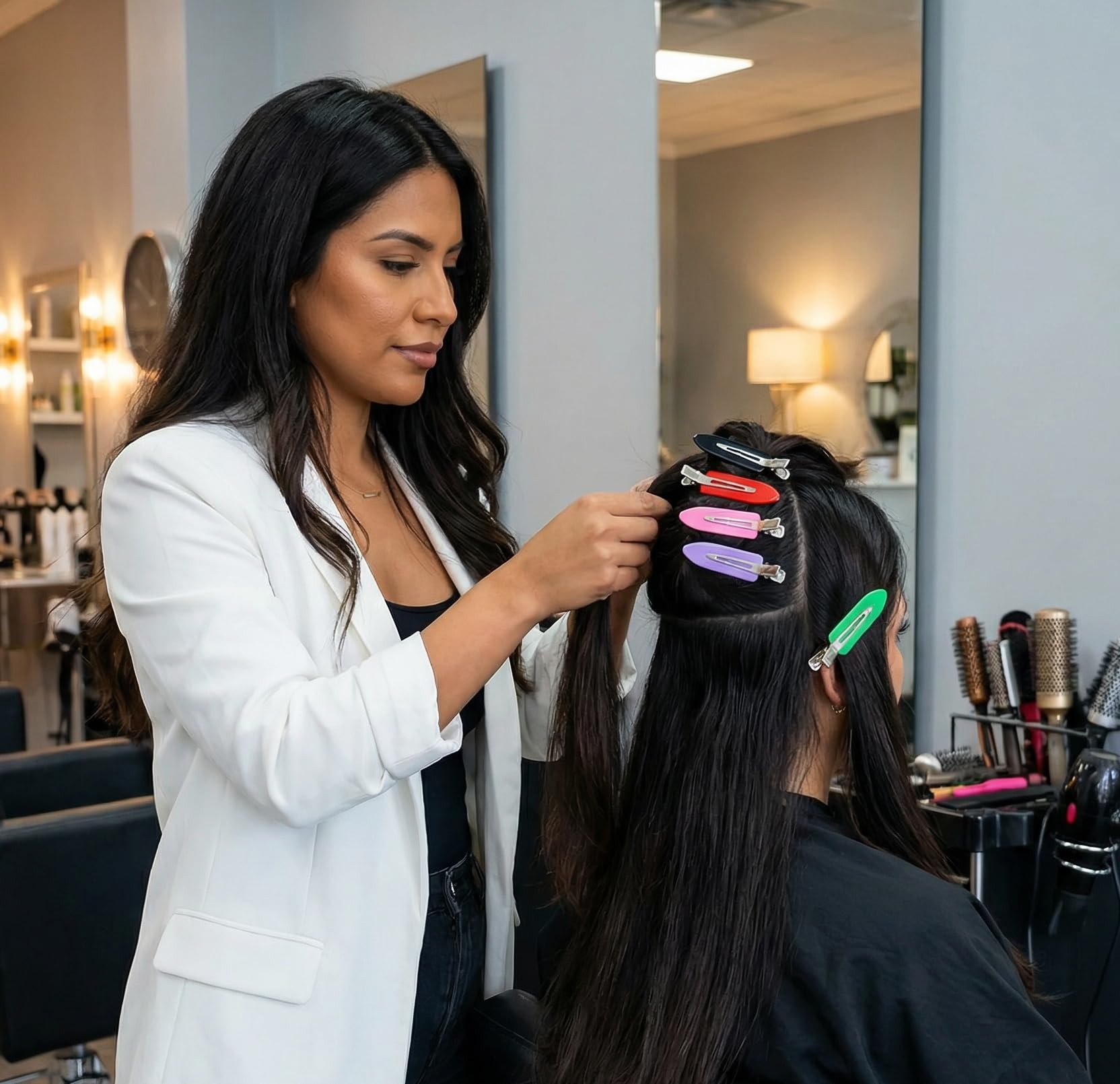 Eswala bangs clip no dent to protect hair while styling.