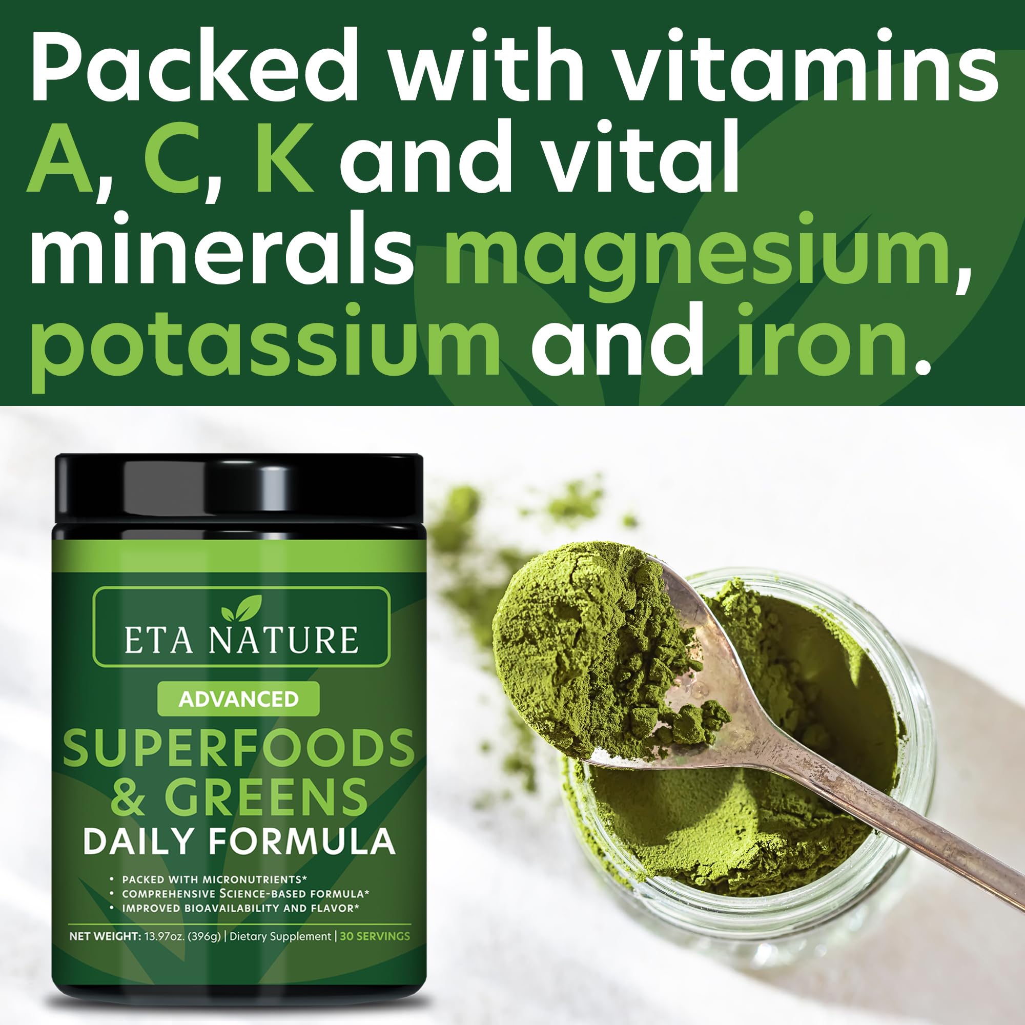 Wheat grass, moringa, spirulina ingredients in ETANATURE formula
