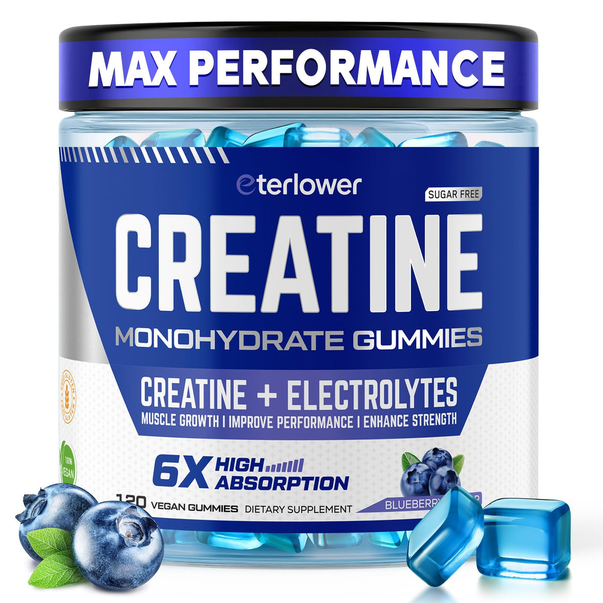 Bottle of eterlower Creatine Monohydrate Gummies with Blueberry flavor, 120 count