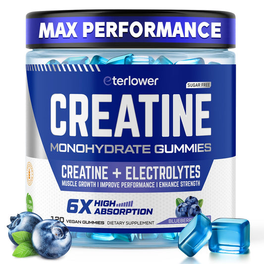 Bottle of eterlower Creatine Monohydrate Gummies with Blueberry flavor, 120 count