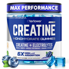 Bottle of eterlower Creatine Monohydrate Gummies with Blueberry flavor, 120 count