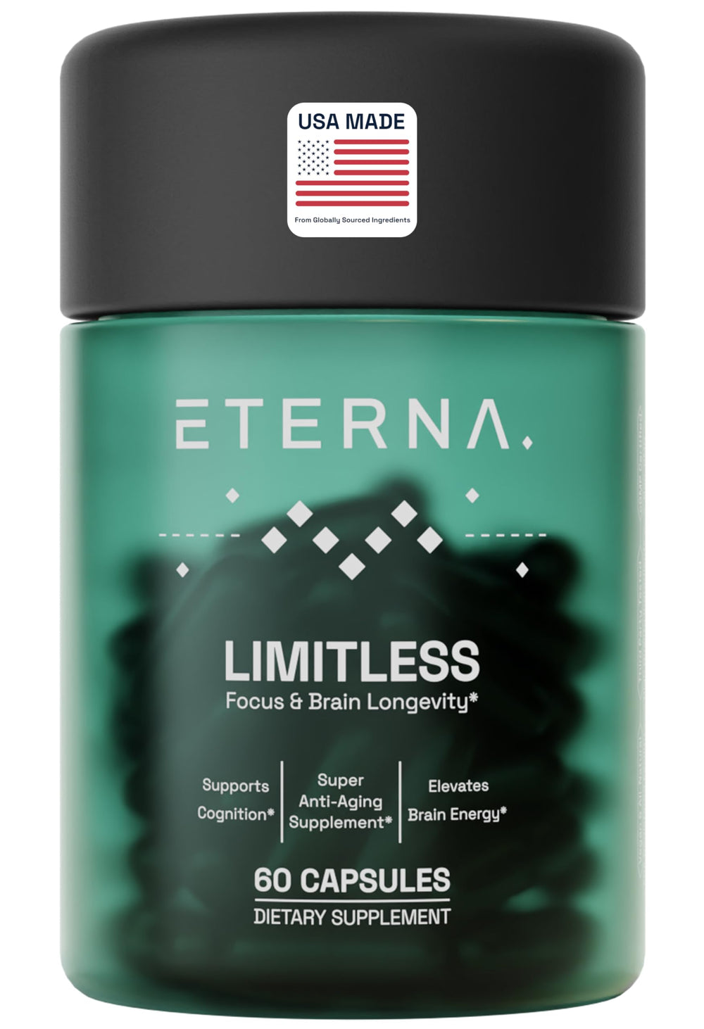 Eterna Limitless bottle with label indicating 1 month supply