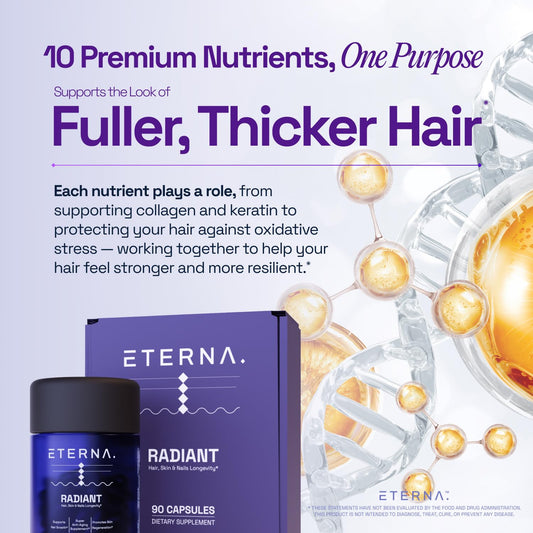 Close-up of thick, healthy hair strands after using ETERNA RADIANT