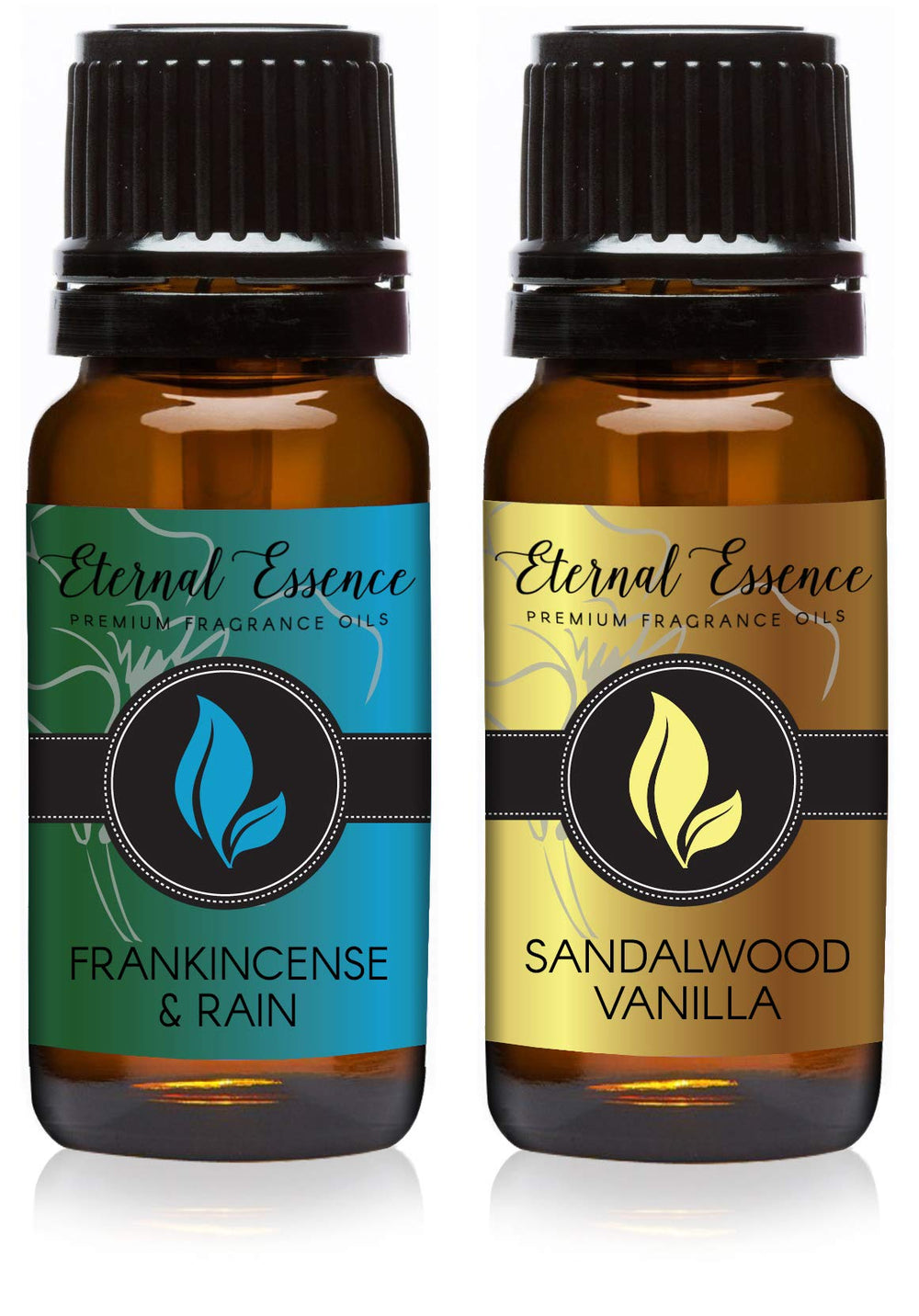 Two 10ml amber glass fragrance oil bottles from Eternal Essence Oils in Sandalwood Vanilla & Frankincense & Rain set