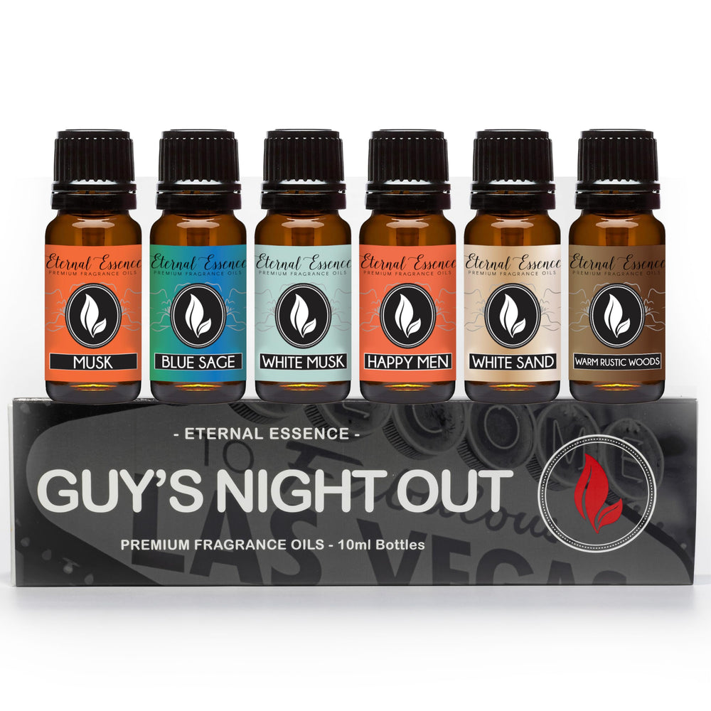 Six 10ml amber glass fragrance oil bottles in Eternal Essence Oils Guy's Night Out set