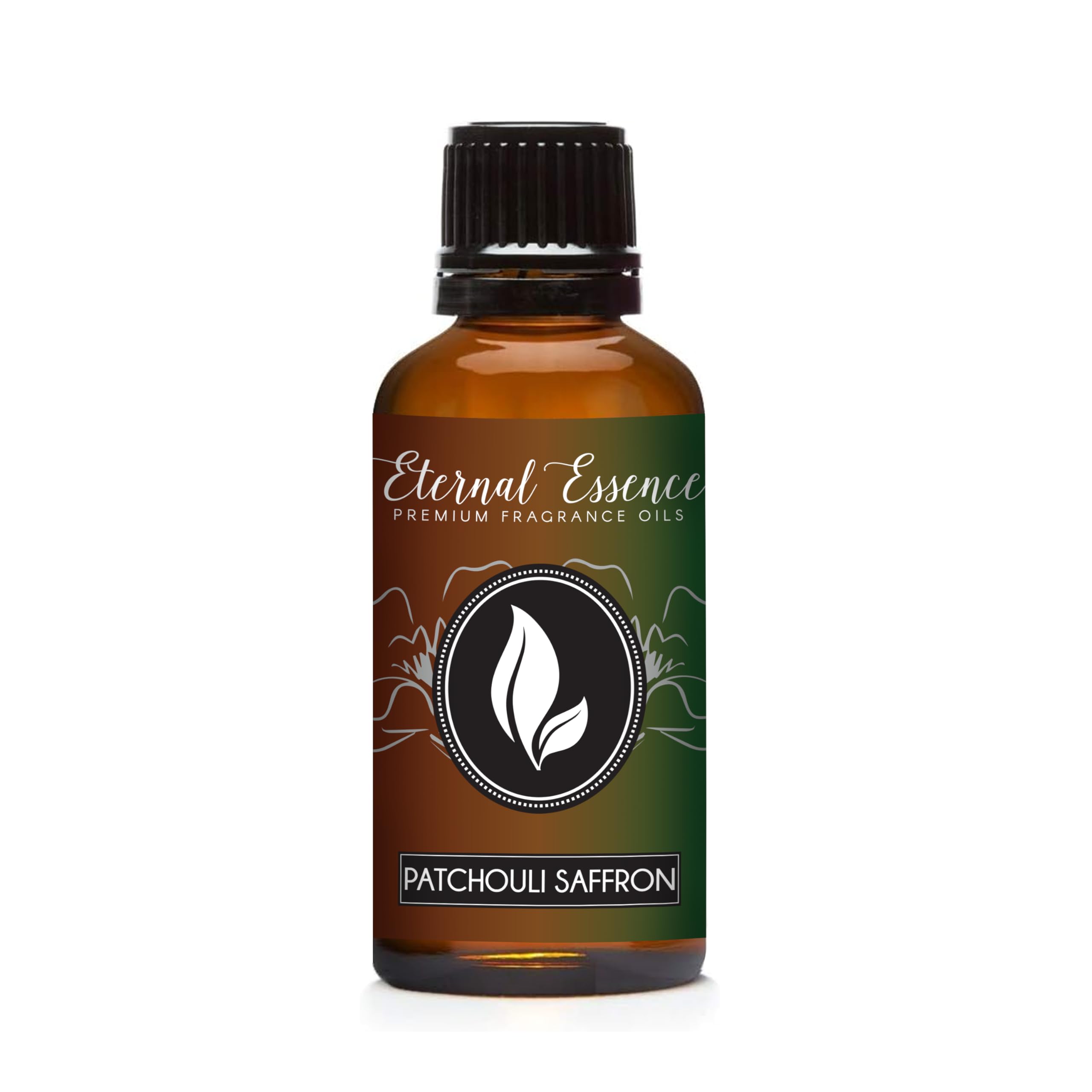 30ml amber glass bottle of Patchouli Saffron fragrance oil by Eternal Essence Oils