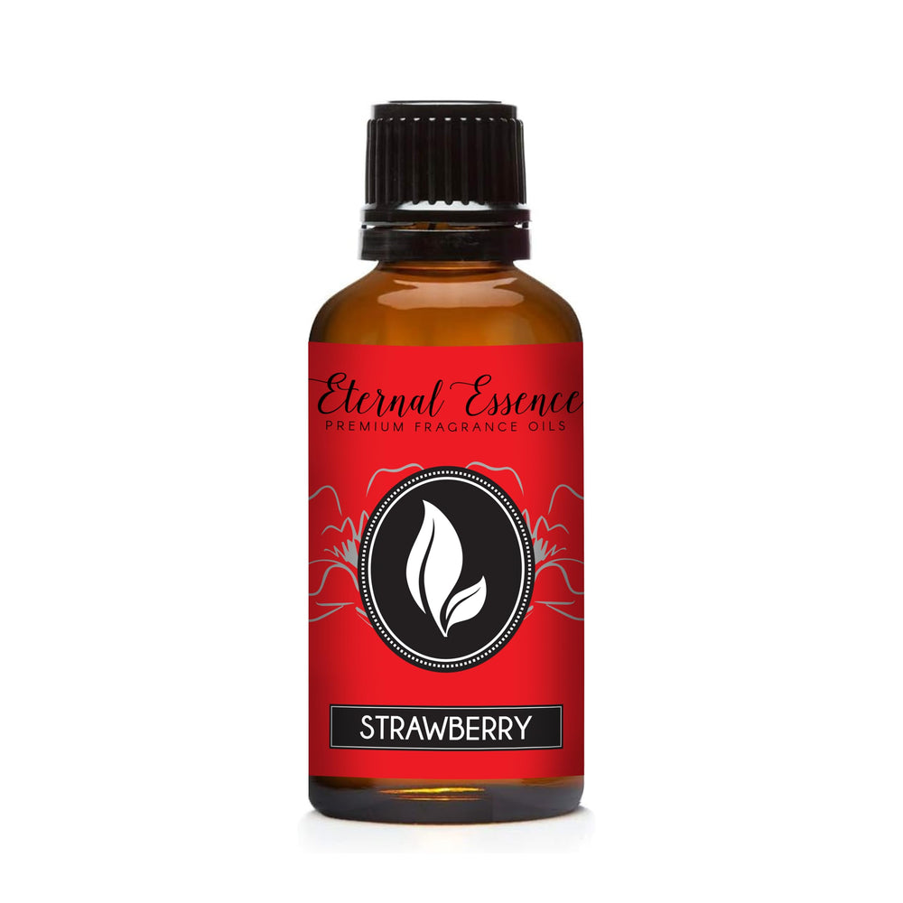 30ml amber glass bottle of Strawberry Fragrance Oil with dropper insert