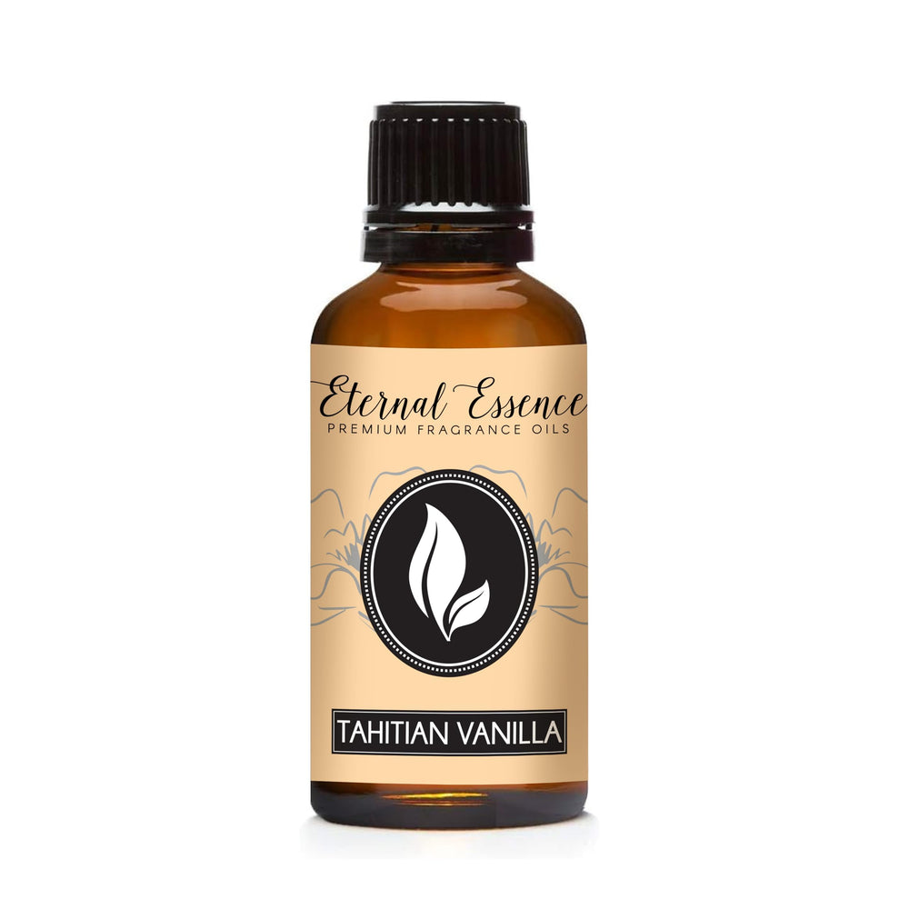 Amber glass 30ml Tahitian Vanilla fragrance oil bottle with black ribbed cap