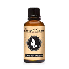 Amber glass 30ml Tahitian Vanilla fragrance oil bottle with black ribbed cap