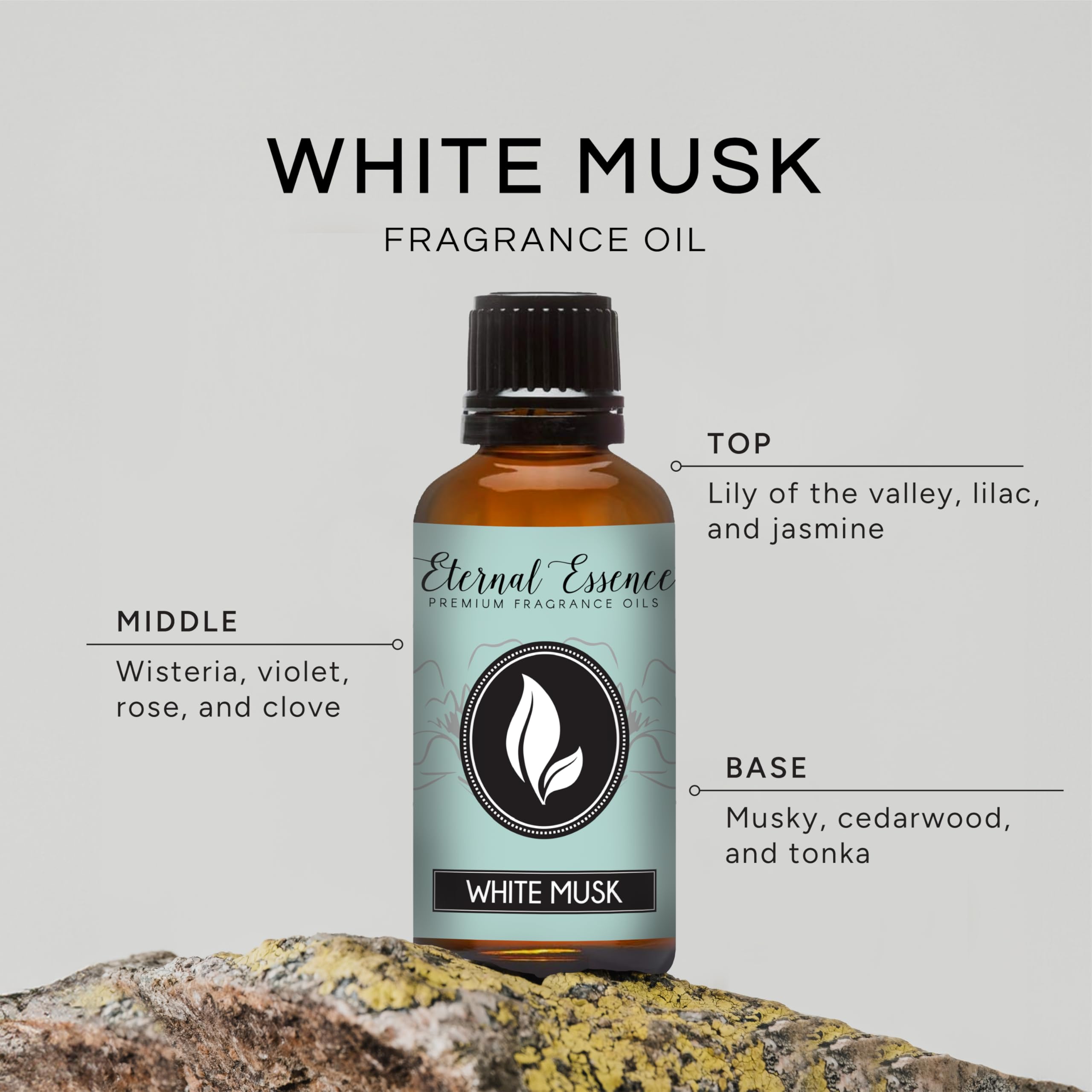 Close-up of Eternal Essence White Musk fragrance oil bottle 30ml