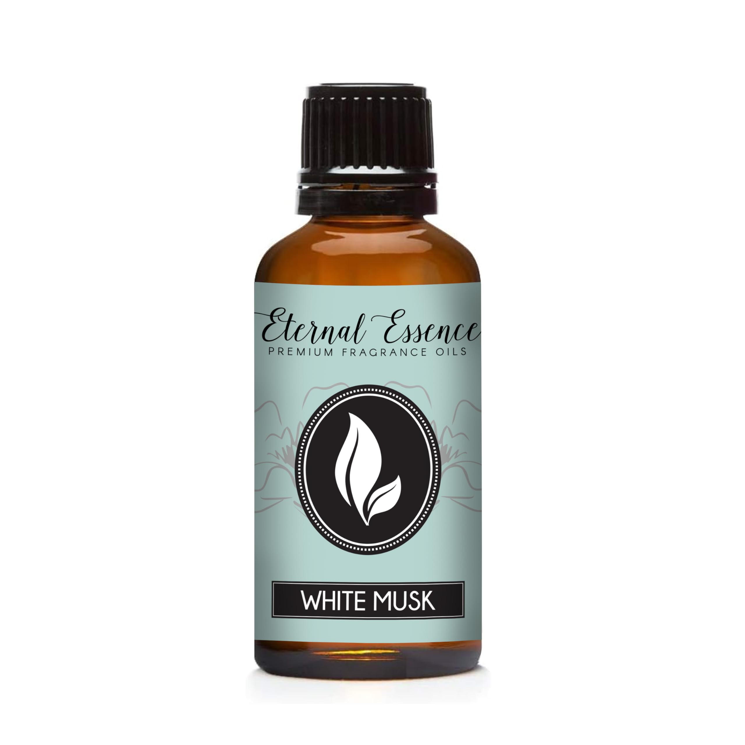 Amber glass 30ml bottle of Eternal Essence Oils White Musk fragrance oil with black ribbed cap