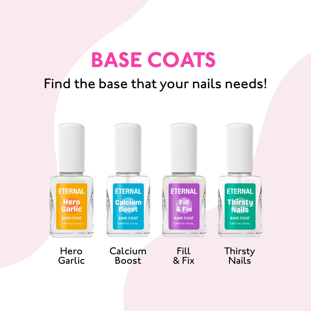 Hands on a vanity with Eternal Garlic Base Coat ready for use.
