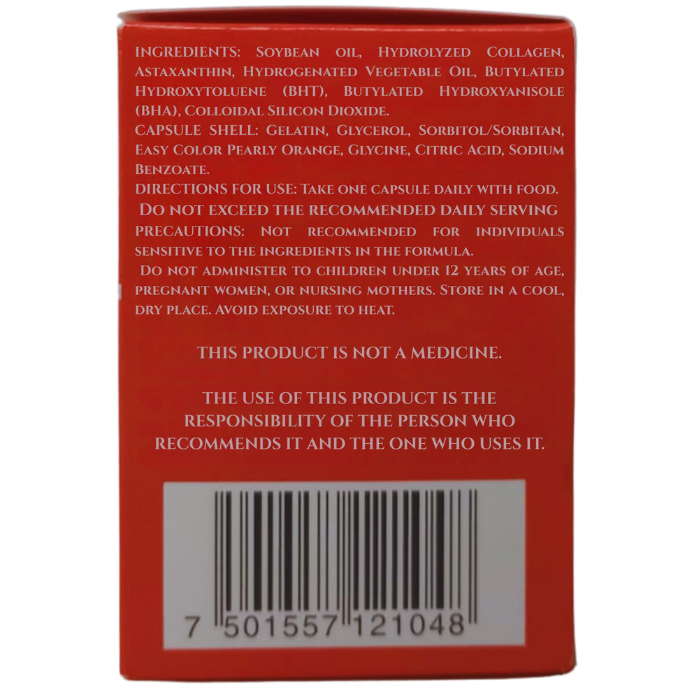 Label close-up highlighting astaxanthin and hydrolyzed collagen ingredients